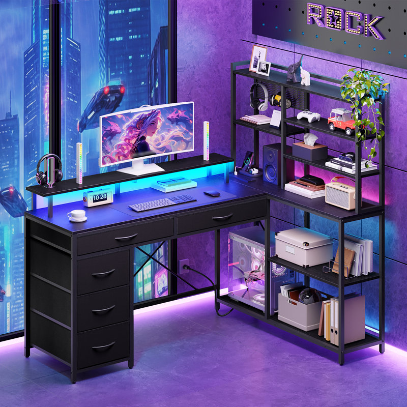 L Shaped Computer Desk with Drawers, 53'' Gaming Desk with Storage Shelves, Corner Computer Desk with Power Outlets & LED Light