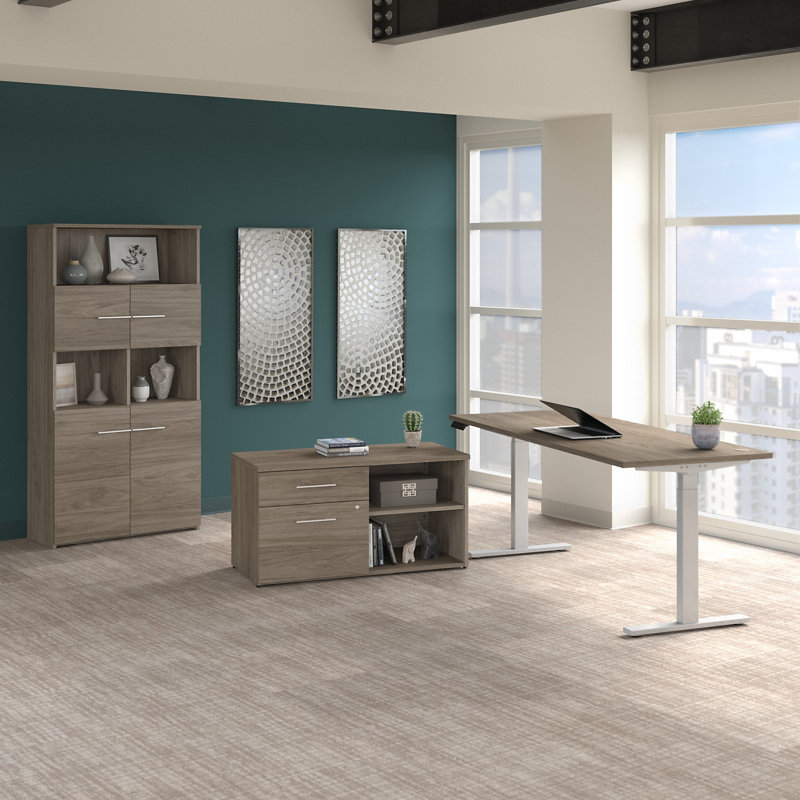 Bush Business Furniture Office 500 72W Height Adjustable Standing Desk with Storage and Bookcase, Modern Hickory