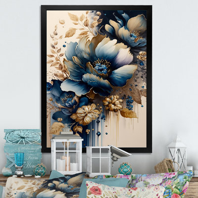 Blue And Gold Floral Bunch III - Floral Large Wall Art