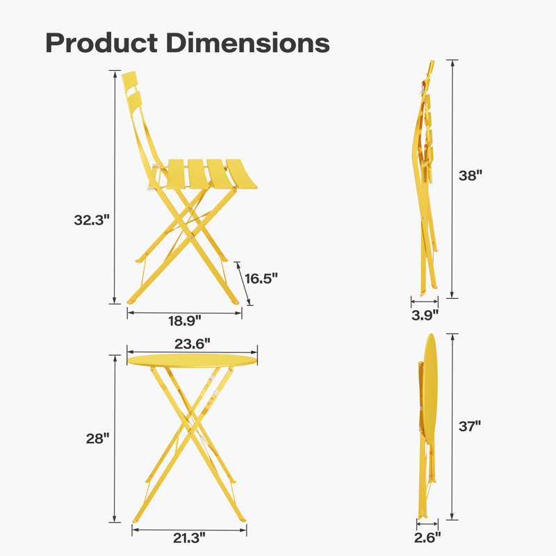 Shelah Premium 3-Piece Steel Bistro Set, Folding Outdoor Patio Furniture Sets, Yellow