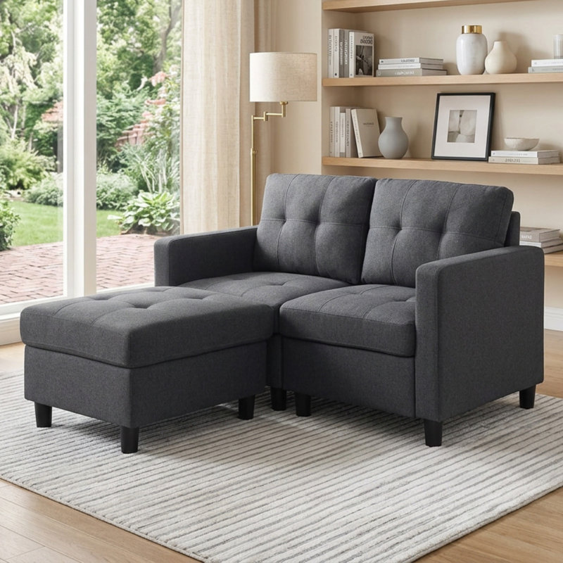 Kentrell 54"W Upholstered Loveseat with Ottoman, Dark Gray
