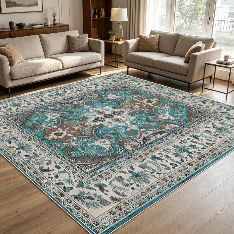 1PC Vintage Persian Teal Floral Bohemian area rugs for Living Room, Soft and Comfortable, Suitable for all seasons, easy-to-maintain, machine washable Indoor floor mat, Under Table Farmhouse suitable for dining table, entryway, bedroom, home office,