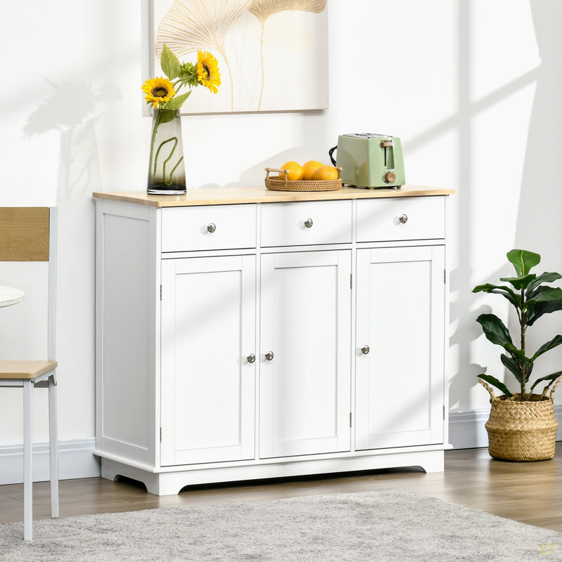 Sideboard With Solid Wood Countertop, Modern Kitchen Storage Cabinet, Coffee Bar Cabinet With 3 Drawers, Doors And Adjustable Shelf