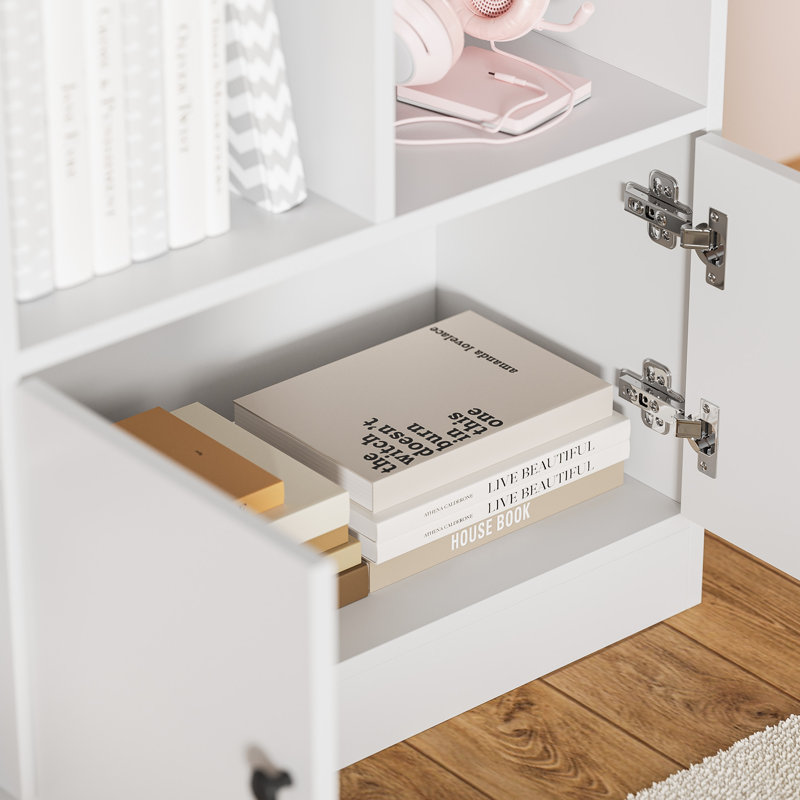 Cube Bookshelf, Modern Bookcase With 7 Cubbies And 2 Cabinets, Freestanding Book Storage Shelves For Bedroom, Playroom, Hallway