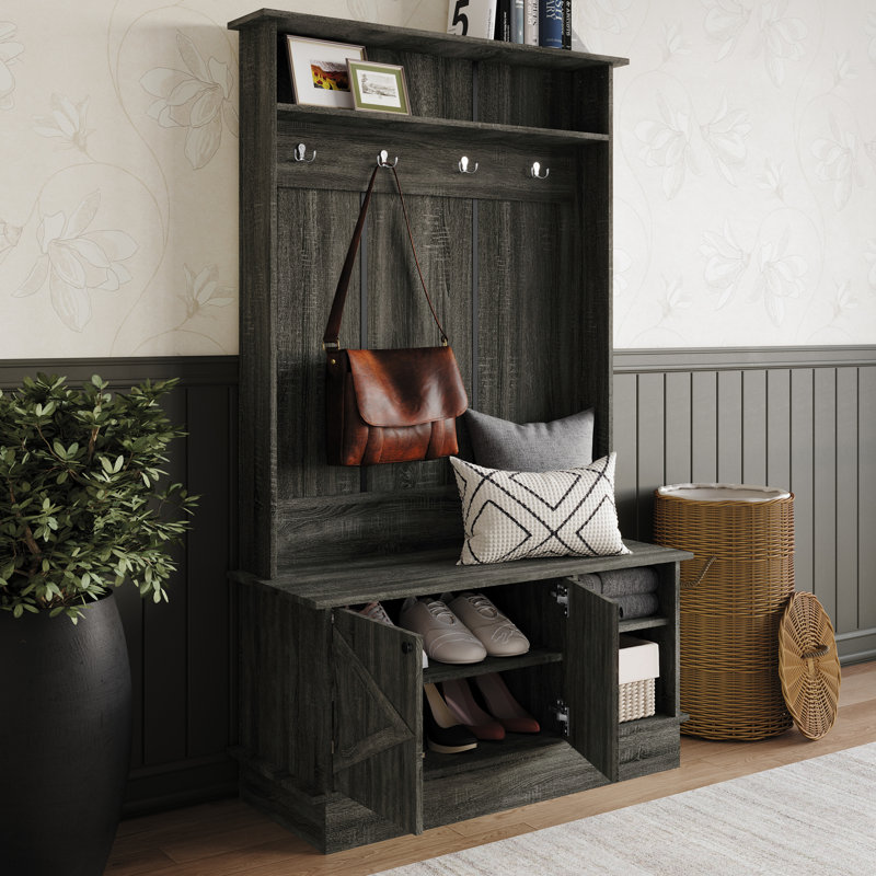 Hall Tree with Storage Cabinet, Dark Gray