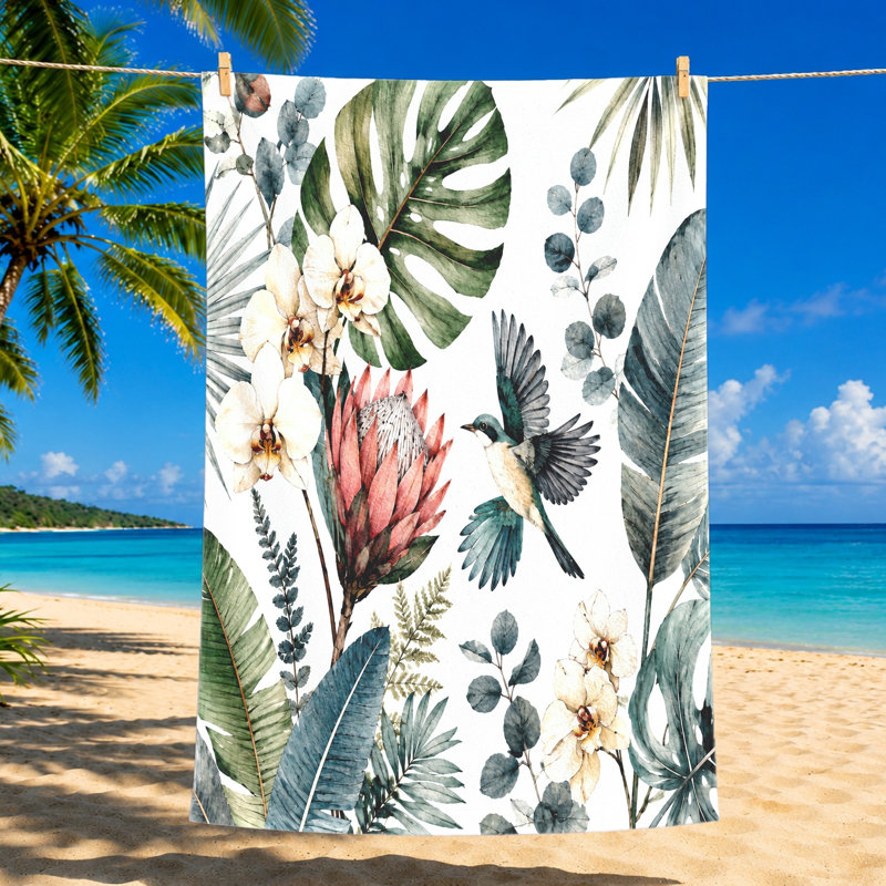 Serviette de plage pour oiseaux et fleurs tropicales 1Pcs, microfibre luxuriante à motif d'orchidée pour l'été, piscine, voyage, activités de plein air, unisexe.