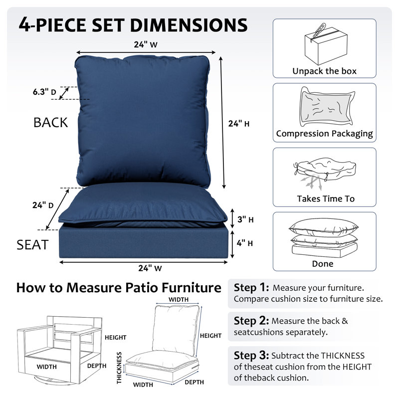Adwin 3-Piece Modular Blue Outdoor Cushion Set, Water & UV Resistant (Cushions Only), 8, Blue