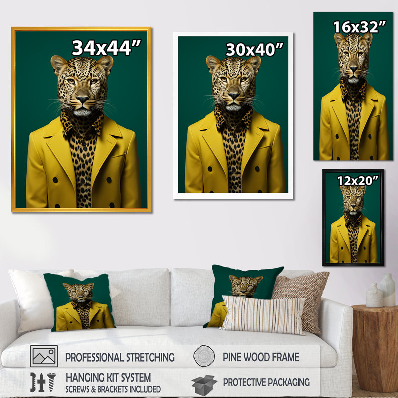 Art mural jaune et vert avec guépard - tigre, Cadre doré simple, H 44 po x l 34 po x P 1,5 po