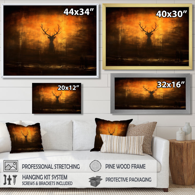 Silhouette de cerf émergent de la forêt brumeuse, Toile avec cadre blanc, H 34 po x l 44 po x P 1,5 po