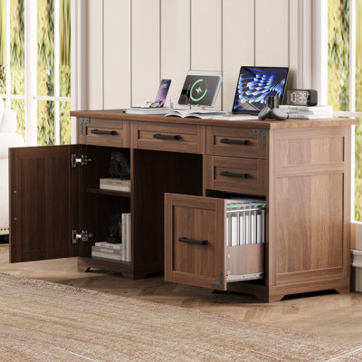 Bureau de direction Brody avec station de charge et prise de courant, 5 tiroirs, armoire et tiroir classeur
