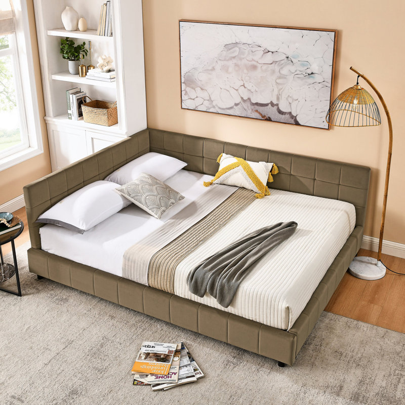 Lit de jour confortable grand, revêtu de velours, pour cadre de lit de chambre à coucher et de salon avec revêtement, brun