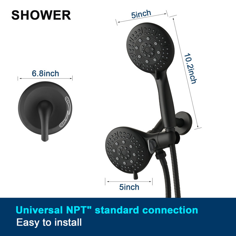 Système de douche 6 jets double 2 en 1, Noir mat
