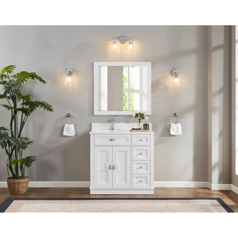 36" Solid Wood Sink Vanity  With 1' Artificial Stone Top, Polished Chrome, White