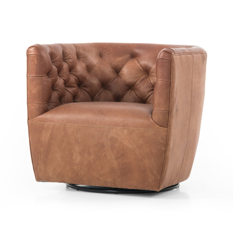 Hanover Swivel Tufted Barrel Chair, Heirloom Sienna Genuine Leather
