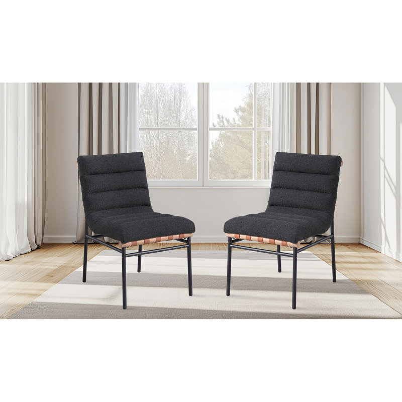 Chaises de salle à manger élégantes, ensemble de 2, en cuir cognac et tissu bouclé, finitions contrastées