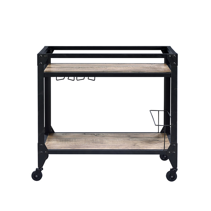 Chariot industriel à 2 tablettes avec porte-verres à pied et rangement pour bouteilles de vin