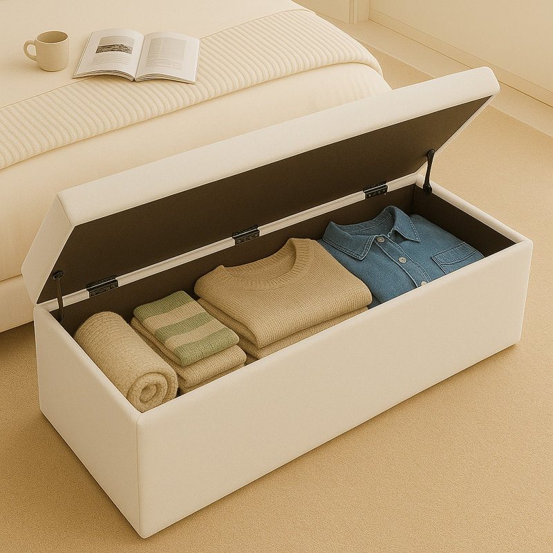 Safar Wide Velvet Plain Rectangle Solid Color Standard Ottoman Box with Storage, 40cm H x 120cm W x 40cm D, Cream