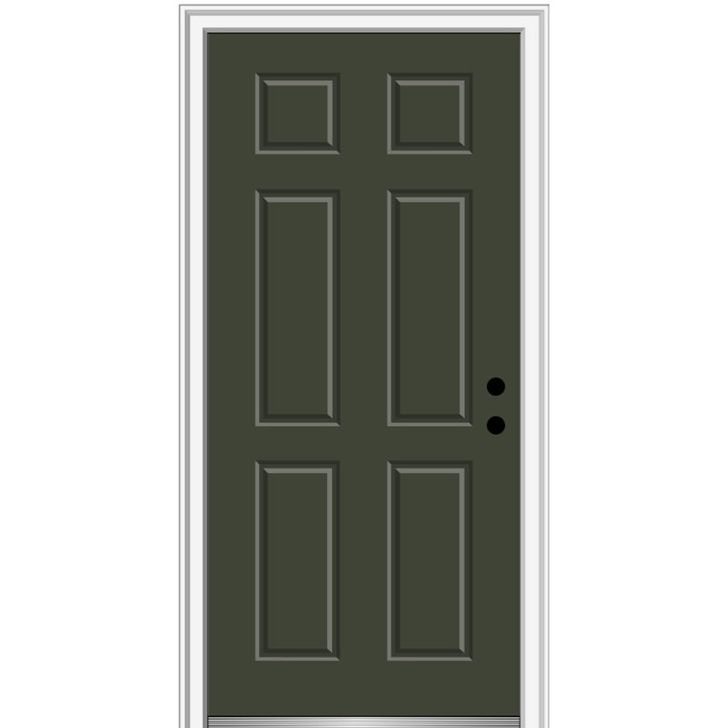 Porte extérieure simple en acier à 6 panneaux peints, H 81,75 po x l 30 po x P 2 po, Olive, S'ouvre à gauche vers l'intérieur