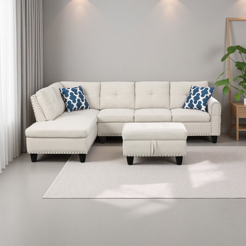 Storage Ottoman - Paired L - Shaped Sofa, Beige