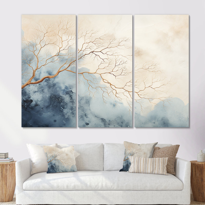 «Beige minimalisme», rivière calme, forêt, rivière, ensemble d'art mural sur toile, Toile tendue, H 32 po x l 48 po x P 1 po