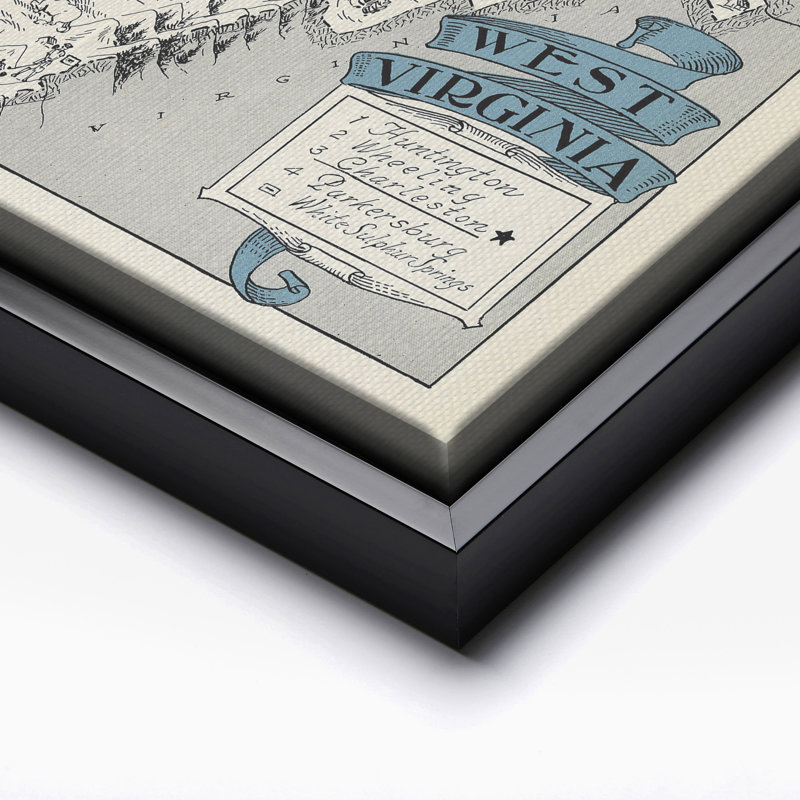 Carte illustrée de West Virginia, Cadre noir, Canevas, H 11 po x l 14 po