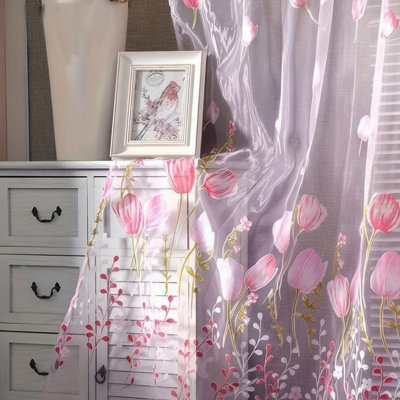 2Pcs Modern Printed Tulip Curtains Sheer Voile Tulle For Bedroom Living Room 39X79inch (Set Of 2)