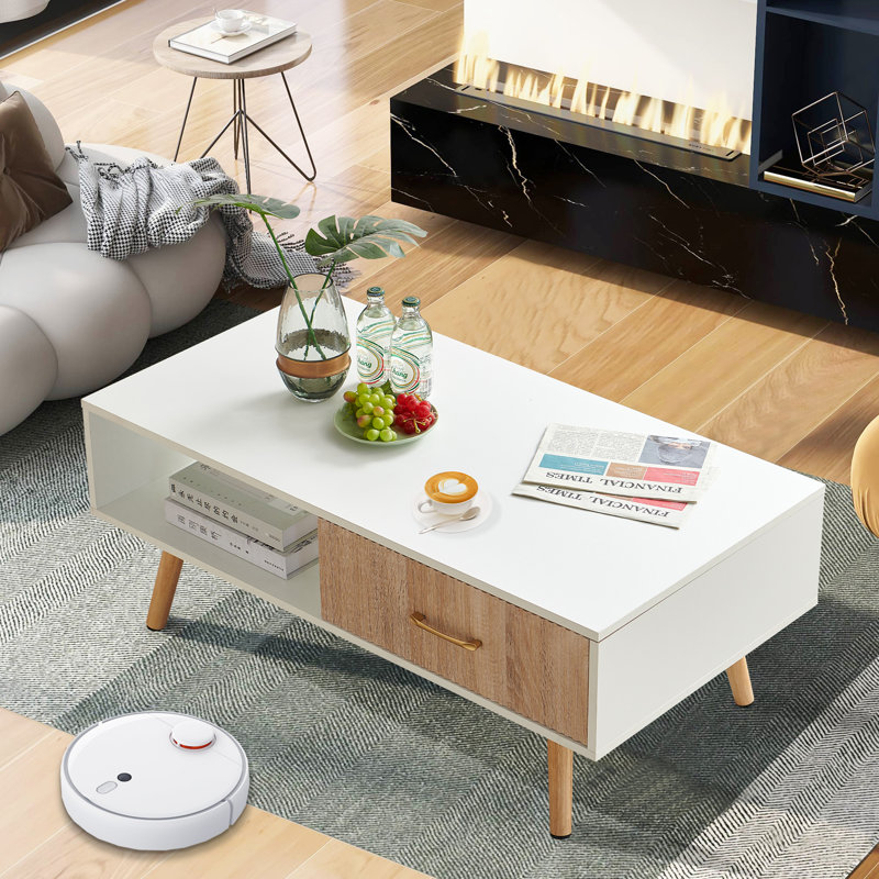 Table basse Boho avec pieds en bois massif et tiroir de rangement coulissant, Blanc/naturel