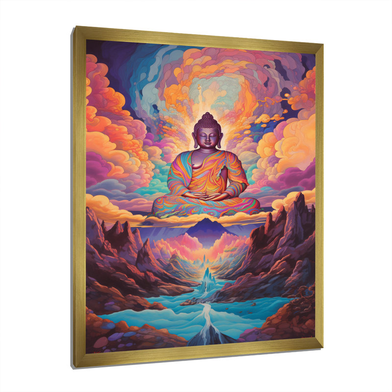 Bouddha psychédélique dans les montagnes - reproduction sur toile, H 32 po x l 24 po x P 1 po, Cadre doré simple