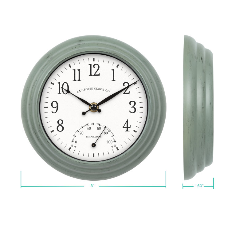 La Crosse 8 Sage Green Indoor/Outdoor Classic Quartz Analog Clock with Temp, 433-3020