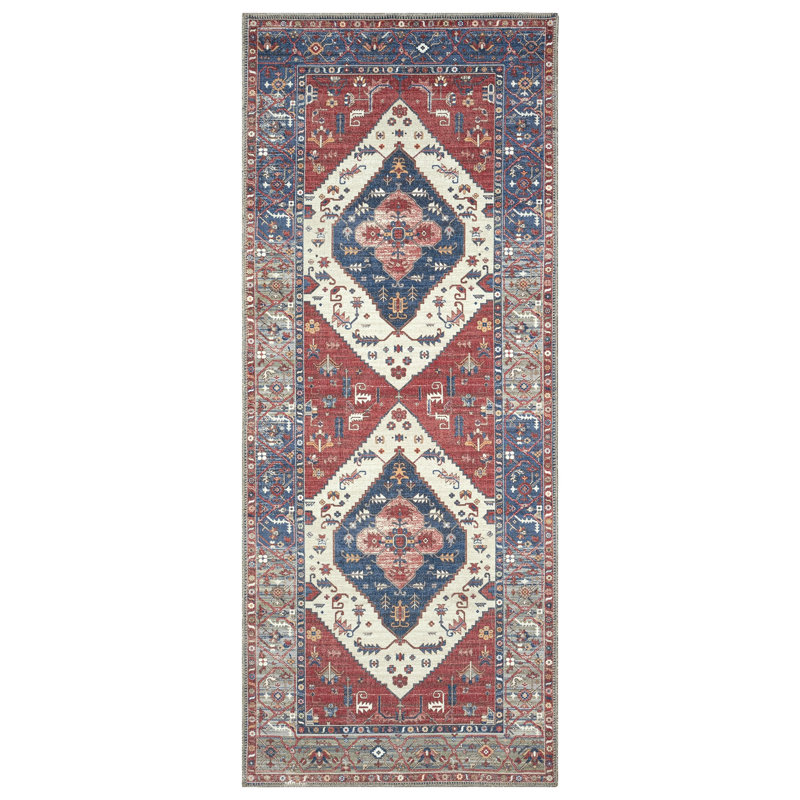 GLN Rugs Vintage Collection - Machine Washable Area Rug, Vintage Washable Rug, Non Slip Area Rug, Low Pile Living Room Rug, Bedroom Rug, Bathroom Rug - Easy Clean (Red Rug)