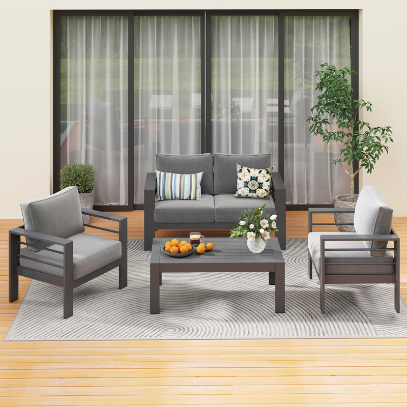 Ensemble de conversation en canapé pour 4 personnes avec coussins Brandtley, Cadre gris / coussin gris