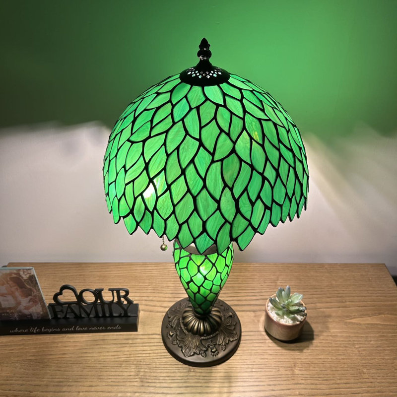 Green Stained Glass Tiffany Table Lamp with Bronze Base, 22" Height