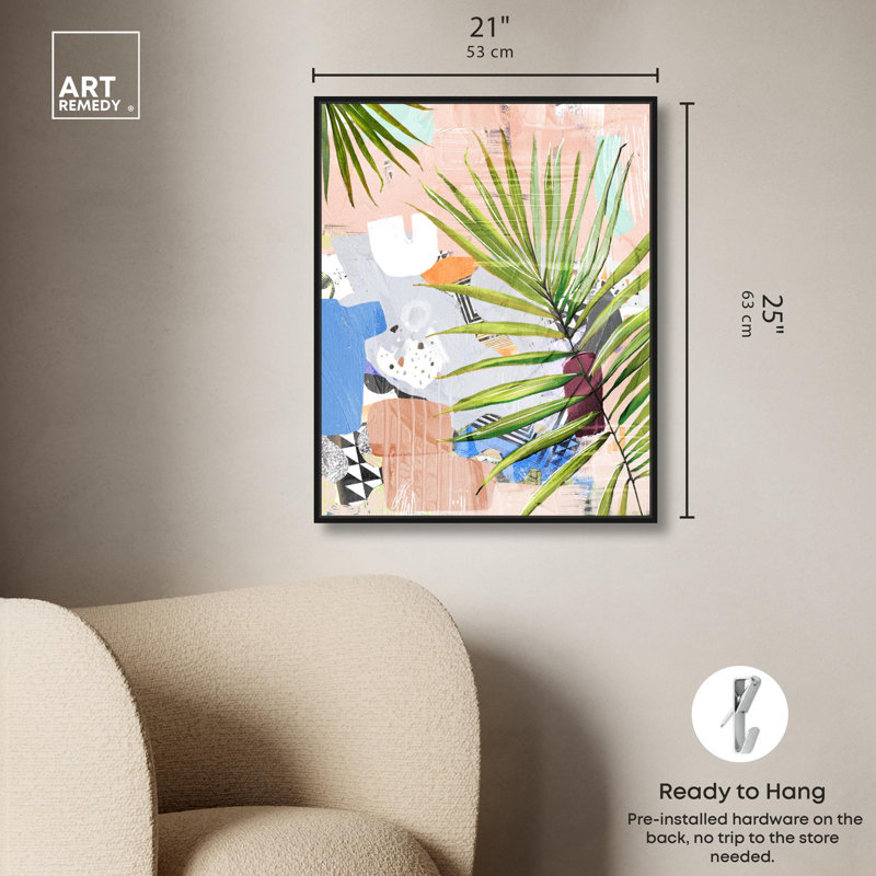 Art tropical sur toile de rosé tropical, Cadre noir, H 21 po x l 17 po