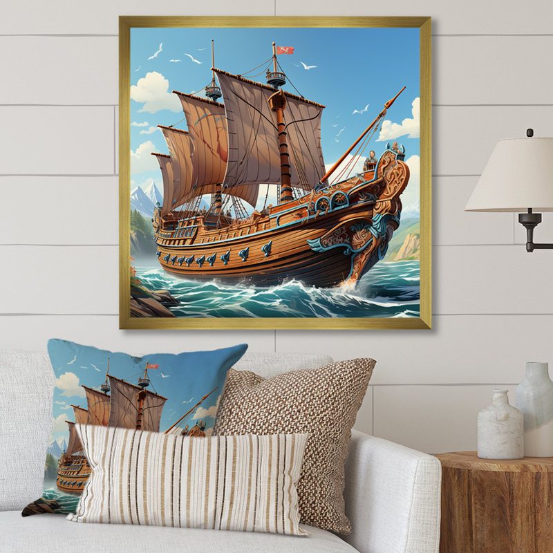 Bateau, voyage viking - Art mural classique, Encadrement doré, H 16 po x l 16 po x P 1 po
