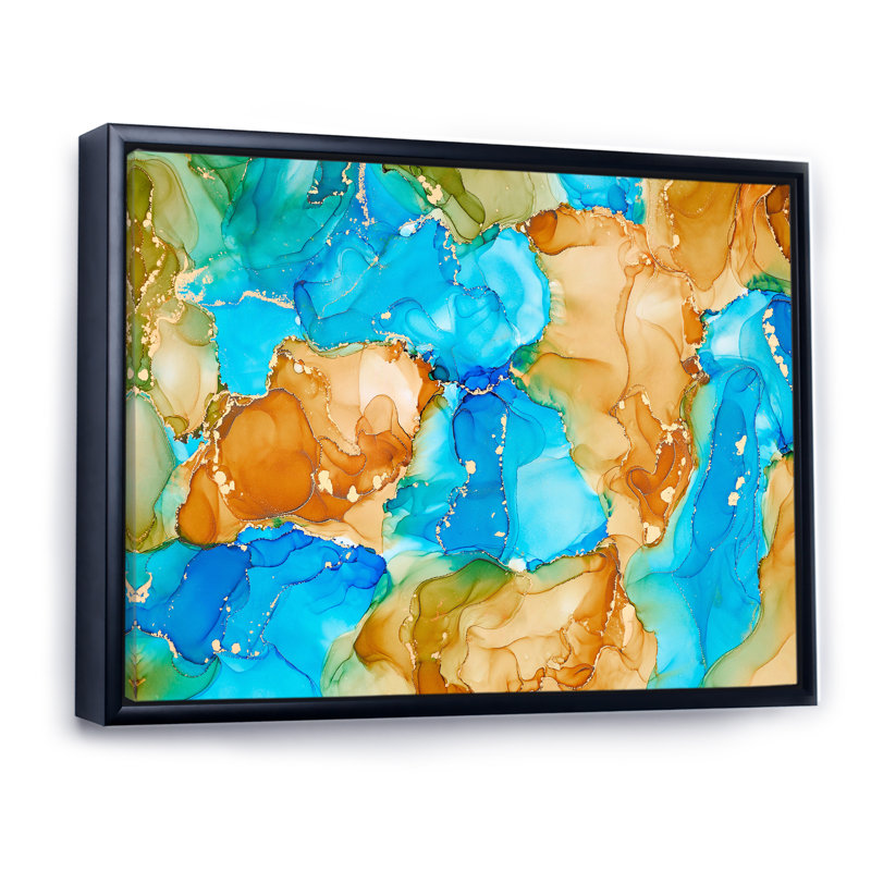 Turquoise et brun, luxe abstrait, fluide I - peinture sur toile, H 34 po x l 44 po x P 1,5 po, Cadre flottant noir