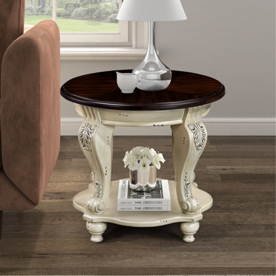 Table de bout ronde de 22 po avec tablette en bois massif et beige, assemblage facile, placage à chaud, coins arrondis sécuritaires à deux tons pour le salon, tablette en bois, à assembler, sécurisée