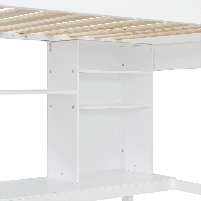 Lit mezzanine simple avec tablettes de rangement, bureau et échelle, blanc