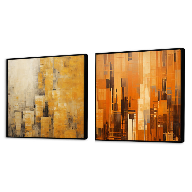 Modern Cityscape Skycraper Golden Blocks - Cityscape Square Collage Set Of 2, Black Floater Framed, 16" H x 33" W