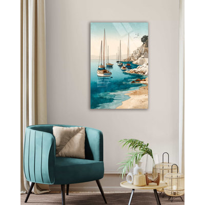 Mediterranean Harbor Sailboats Tempered Glass Wall Art, Coastal Village Seascape, Teal Ocean Beach House Decor, Modern Nautical Gift Idea