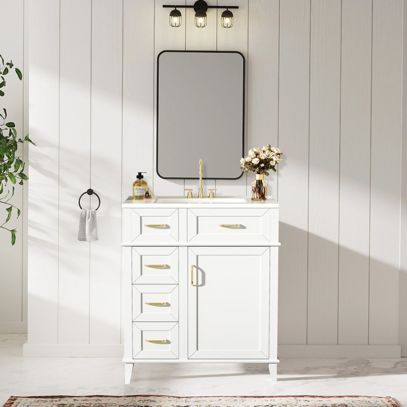 Meuble-lavabo de 30 po avec lavabo en céramique et trois tiroirs à fermeture en douceur, Blanc