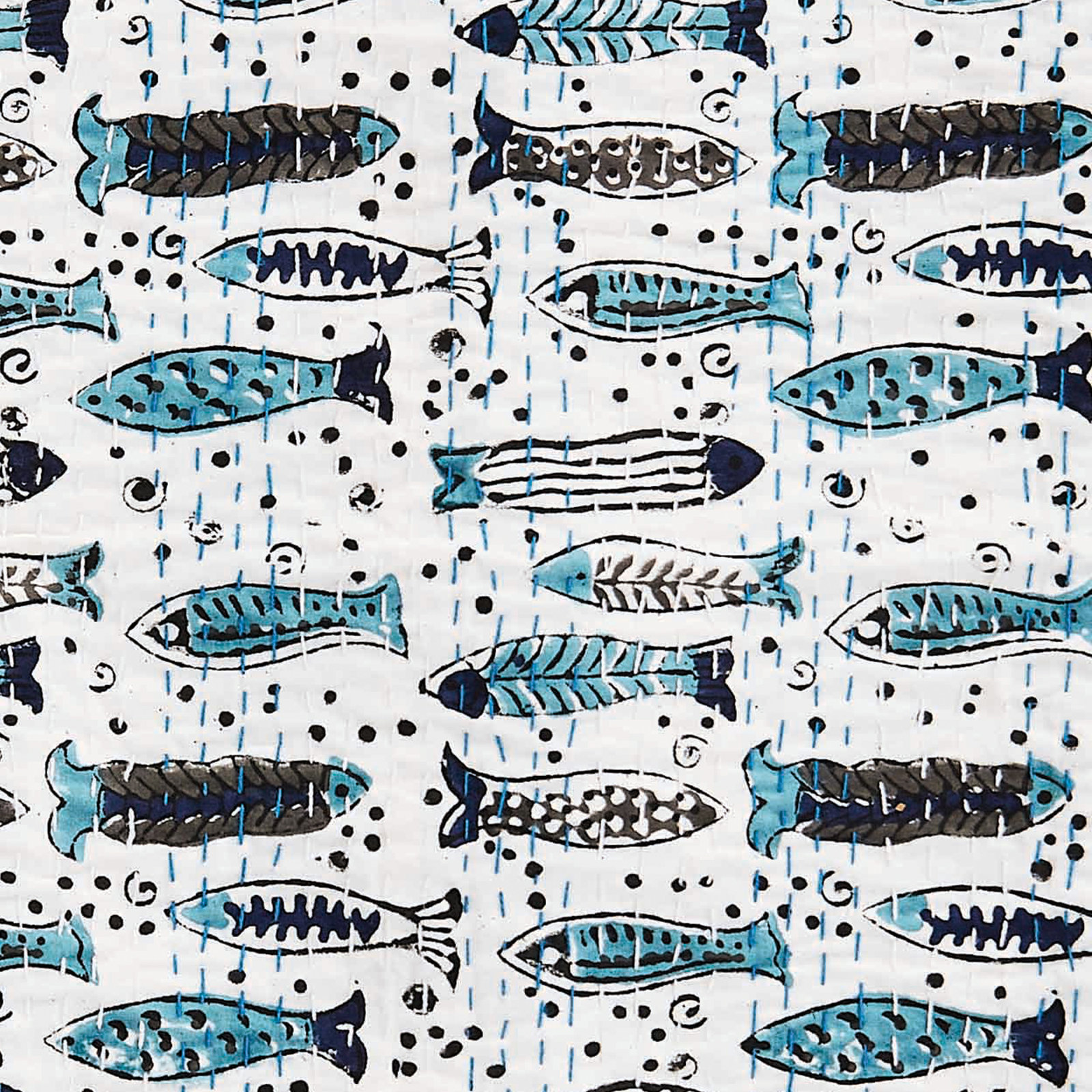 Kantha Fish Cotton Coverlet Set, Queen
