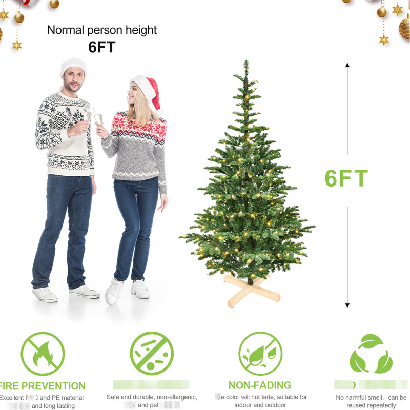 Arbre de Noël de 8 pi avec 500 pointes blanches chaudes, 1307 pe +, base en bois rustique pour les lumières artificielles de décoration intérieure festive, fête unique