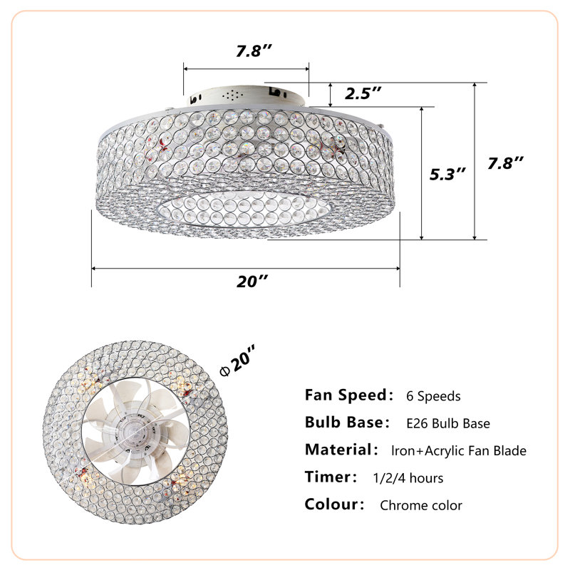 20” Chrome Caged Flush Mount Ceiling Fans With Lights Kit And Remote