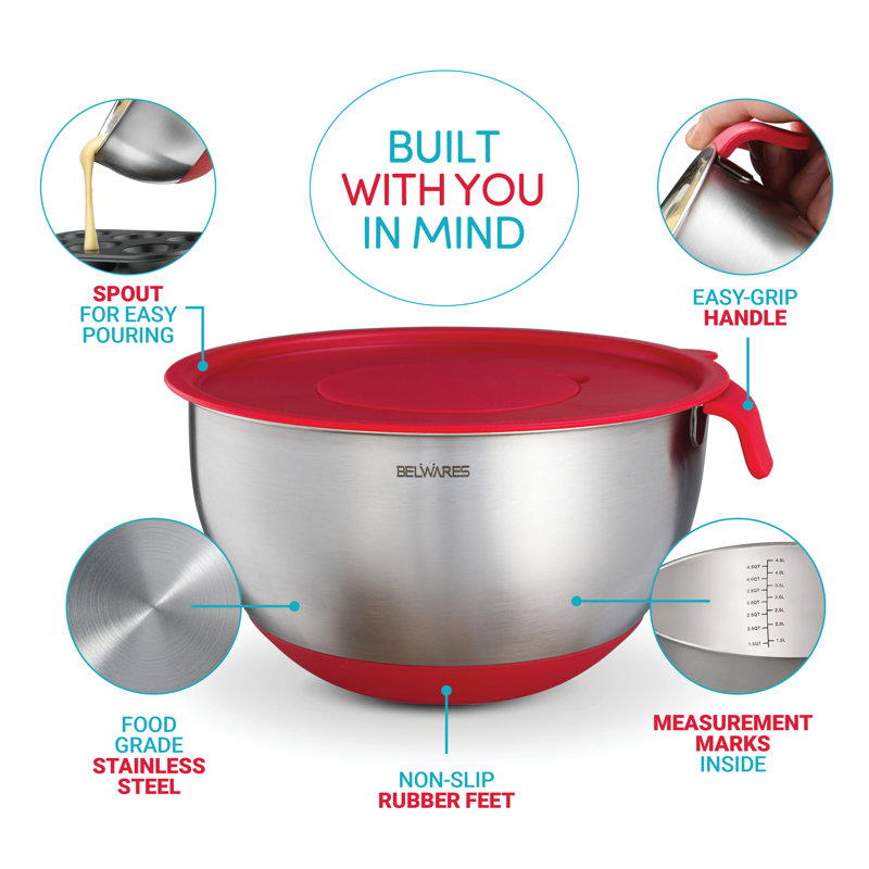 Red Stainless Steel Nesting Mixing Bowl Set with Lids and Graters