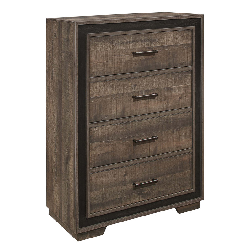Commode en bois rustique à 4 tiroirs au fini ébène, mobilier de chambre moderne avec planches en bois d'acajou