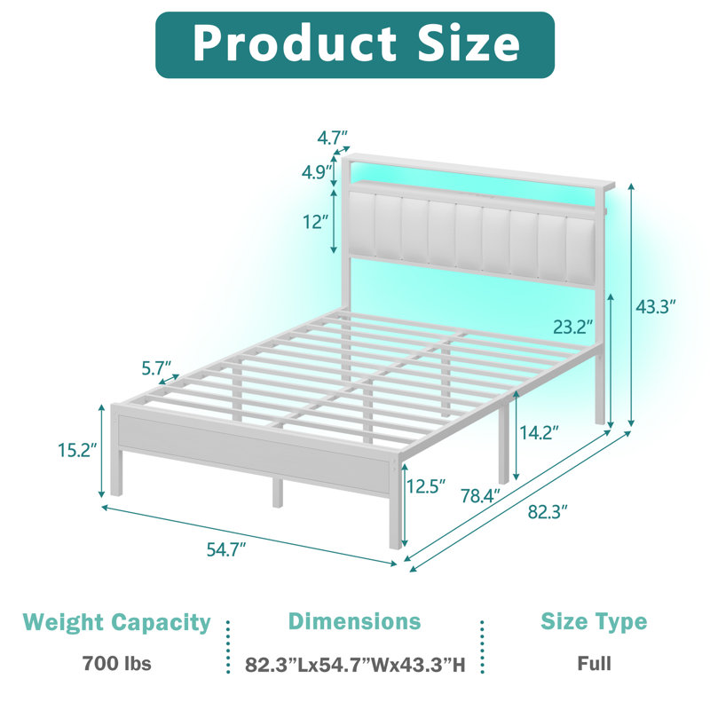 Bed Frame with Charging Station, LED Lights, Upholstered Headboard, 2-Tier Storage Shelve, Full, White