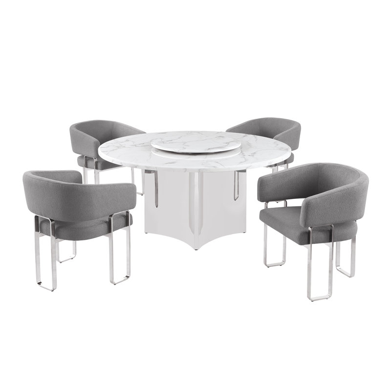 Ensemble de salle à manger en marbre blanc avec fauteuils Lazy Susan et Teddy, Gris foncé, Argent argent