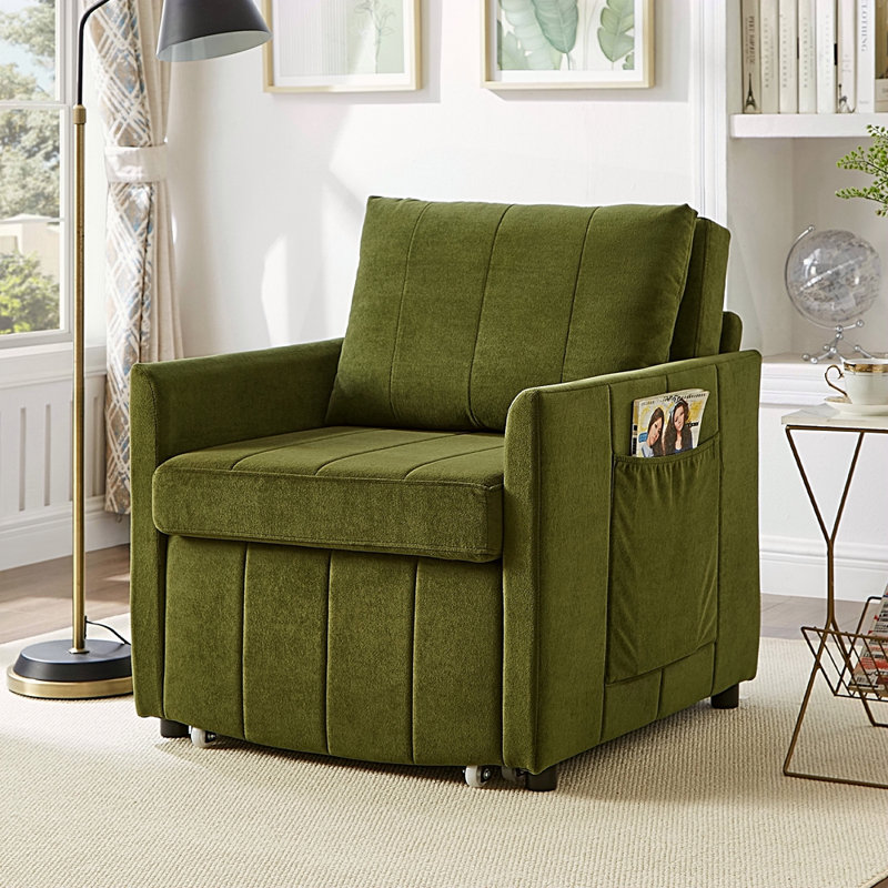 Jad Convertible Chenille Sleeper Sofa with Adjustable Backrest & Storage, Green