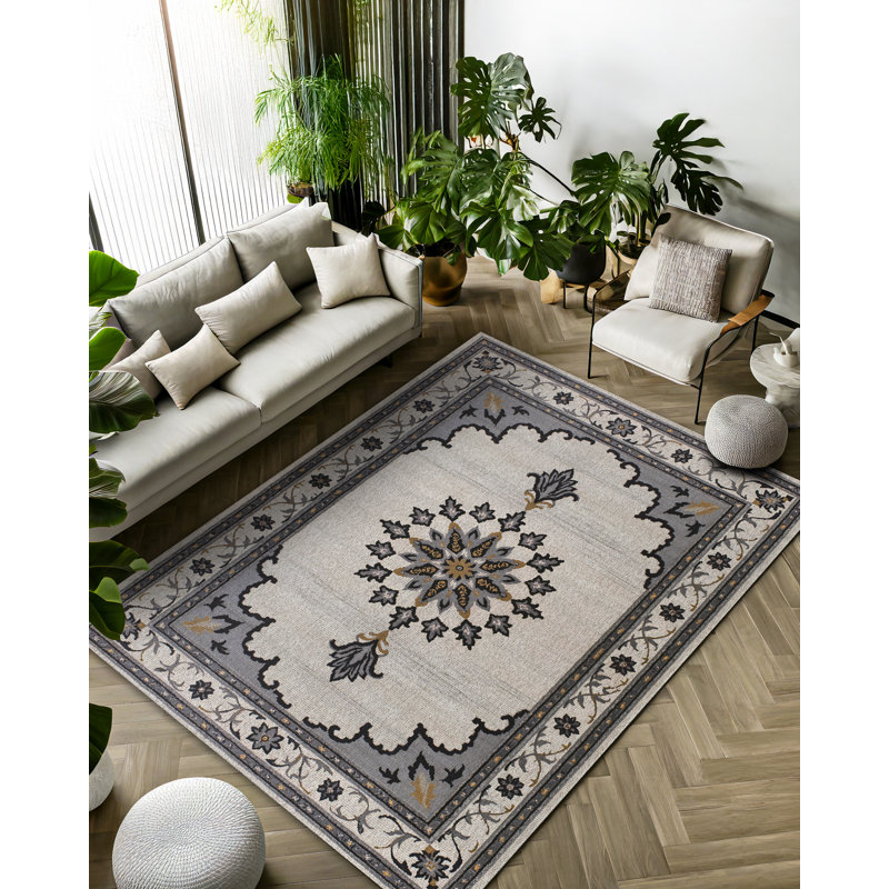 Isabel Collection Digital Print Cotton-Polyester Gray Moroccan Rug, Round 6'7"