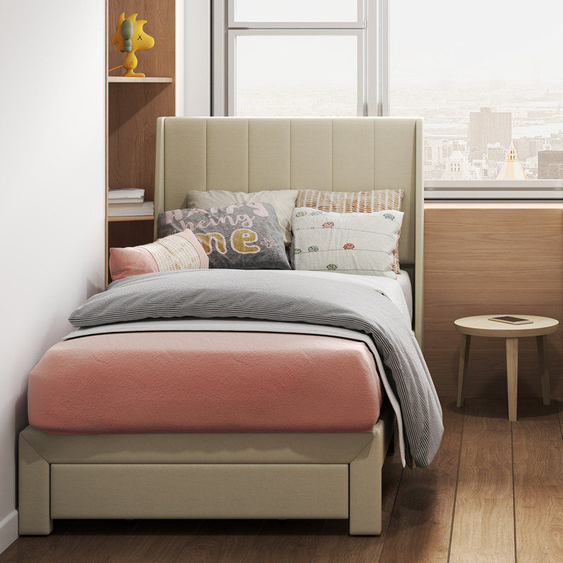 Structure de lit rembourrée avec tiroirs de rangement et port USB Type-C pour chambres d'adolescent, Beige, Lit simple